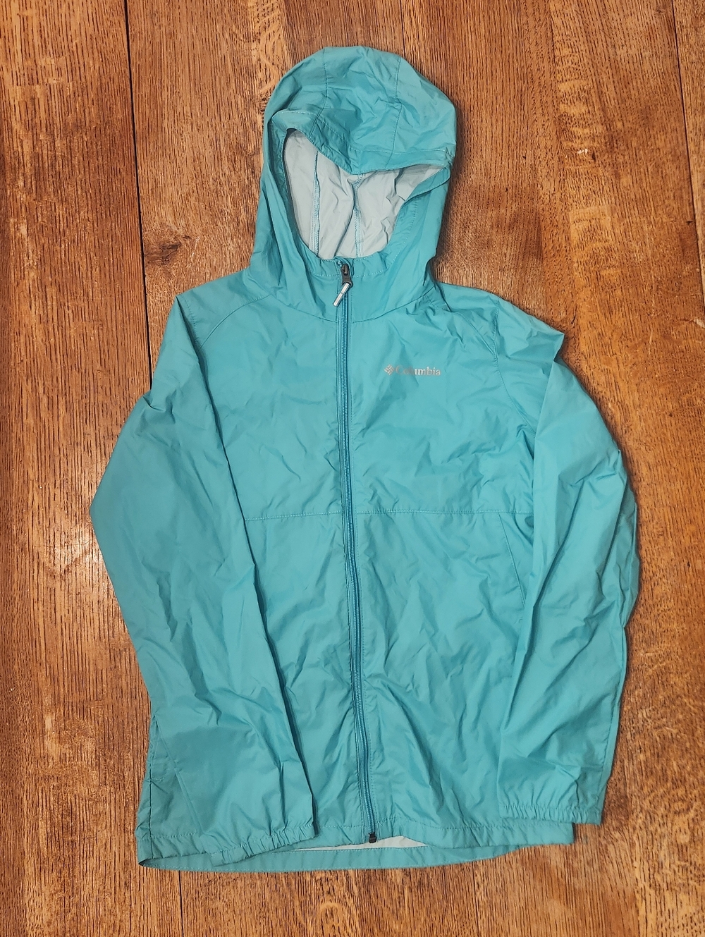 Columbia Teal and Light Teal Hooded Windbreaker